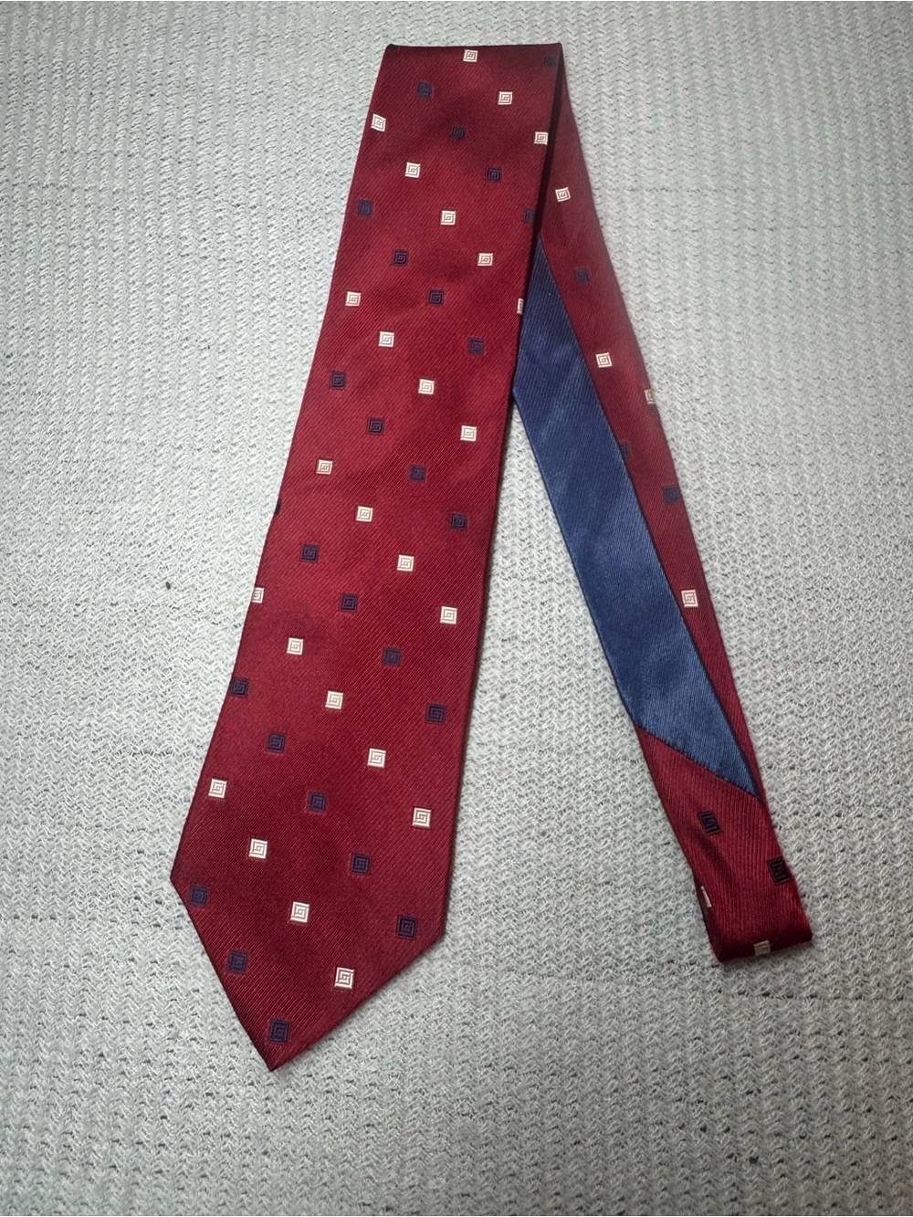 Tommy Hilfiger Burgundy Tie with Navy and Ivory Square Motif